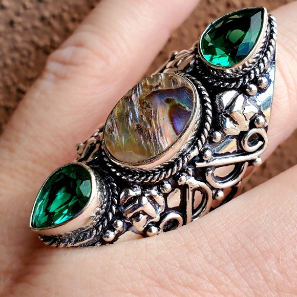 New Abalone Shell & Peridot 925 Silver Statement Ring. - Picture 11 of 16